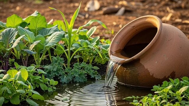 Water flowing from a clay pot into a small pond surrounded by lush green plants in a garden
