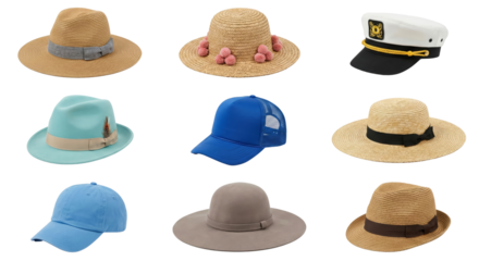 Collection of stylish wide-brimmed hats and caps isolated on black background for fashion