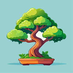 Cartoon bonsai tree in a pot with a blue background, stylized illustration.
