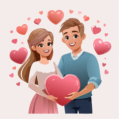 Cartoon couple holding a heart surrounded by floating hearts.