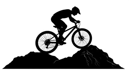 Black silhouette of a cyclist on a mountain bike traversing a rocky terrain, person is wearing a helmet