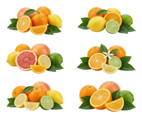 Assorted Citrus Fruits Including Lemons Oranges and Limes with Fresh Leaves on Isolated
