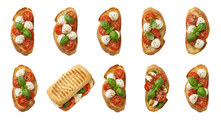 delicious gourmet mini pizza bites with fresh basil and cherry tomatoes isolated with transparent