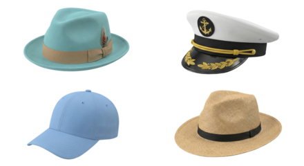 Assorted stylish hats and captain's cap displayed on isolated transparent background