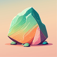 Stylized illustration of a large, colorful rock formation with a geometric, faceted design.