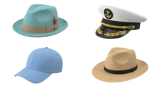 Assorted stylish hats and captain's cap displayed on isolated transparent background