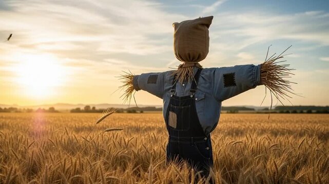 Scarecrow standing in a golden wheat field at sunset with outstretched arms and a serene landscape