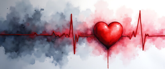 Vibrant red heart centered on long heartbeat line with watercolor clouds background medical pulse health monitoring concept