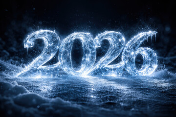 Glowing blue 2026 numbers emerge from icy water with sparkling particles