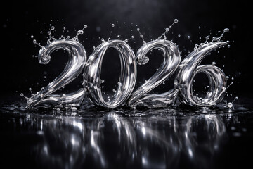 Silver 2026 numbers with water splashes and reflections on black background metal liquid