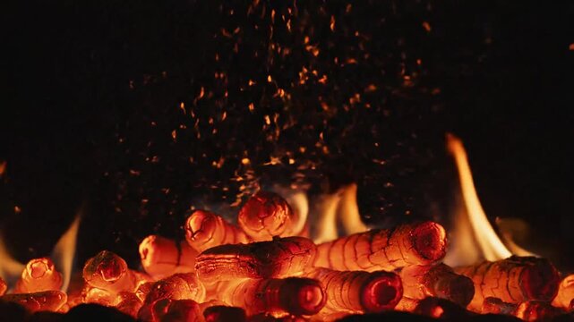 Embers rise from smoldering briquettes