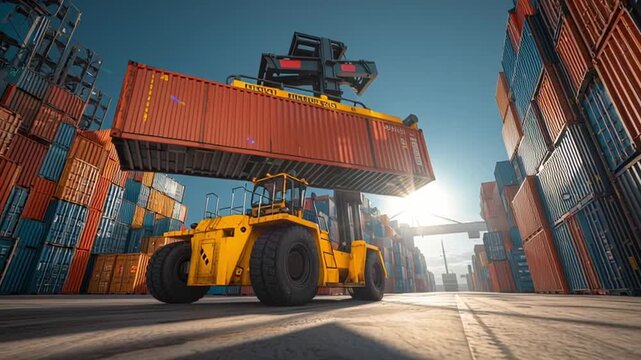 Industrial Symphony: A powerful forklift meticulously lifts a vibrant shipping container amidst a bustling dockyard, under the vast expanse of a clear, radiant sky. 