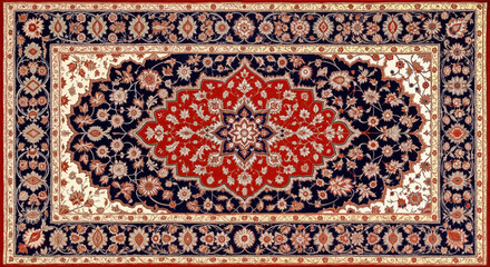 Traditional Persian style floral carpet design featuring red blue cream patterns in symmetrical handwoven texture