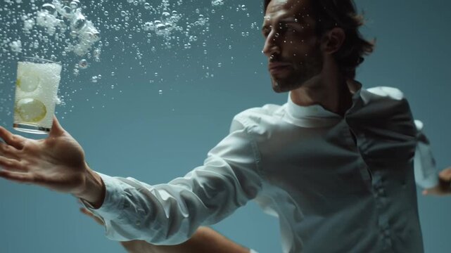Submerged cocktail artistry: A dynamic tableau of a person submerged underwater, extending a hand to catch an icy cocktail glass amid a flurry of bubbles. 