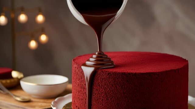 Rich chocolate glaze pouring over decadent red velvet cake