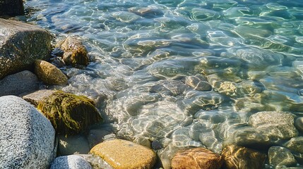 Obraz premium Clear water reveals submerged rocks creating a serene and natural scene