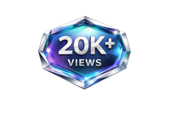 20K+ views crystal badge with glossy blue gemstone frame, social media milestone label isolated on transparent background
- Powered by Adobe