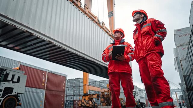 Shipping Professionals Overseeing Container Handling: Two focused professionals, dressed in protective gear, meticulously oversee the handling of a shipping container, emphasizing precision.