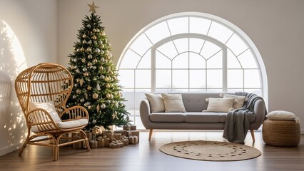 Cozy Living Room with Christmas Tree Decoration.