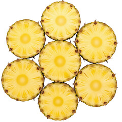 Seven fresh pineapple slices arranged in a circular flower pattern, isolated subject for tropical food and refreshing fruit concepts.