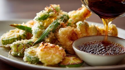 Tempura dish served with dipping sauce being poured from above; focuses on the dish's texture and detail