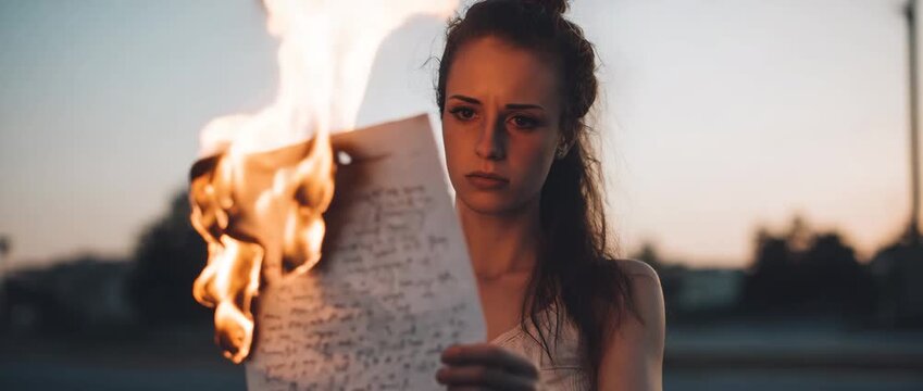 A young woman holds a handwritten letter engulfed in flames outdoors, symbolizing heartbreak, letting go, emotional pain, and the act of releasing memories or past relationships.