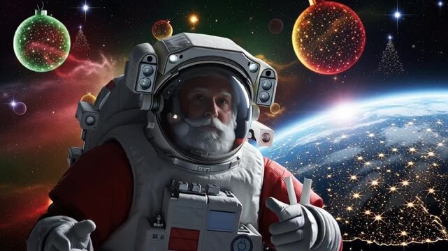 Digital art of Santa Claus in a high tech spacesuit looking at Earth from space with floating ornaments.