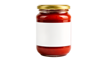 Clear glass jar filled with red sauce and a blank label on a black background isolated on transparent background