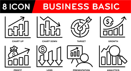 Business Icon Set Chart up, Chart down, Target ,Growth ,Profit ,Loss, Presentation, Analytics. Vector illustration,