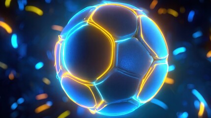 Glowing blue and orange soccer ball with neon light effects and digital particles in motion