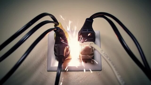 Close-Up of Electrical Outlets with Multiple Cords.