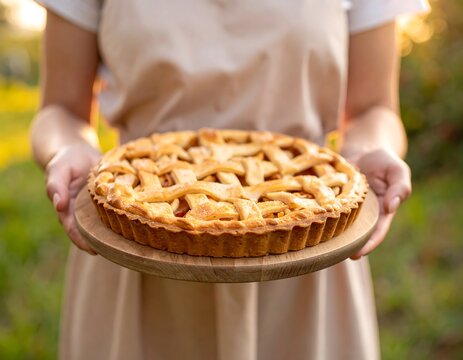 Person presents fresh-baked lattice-topped pie on a wooden board
