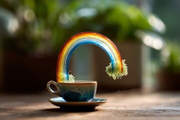 a small rainbow arching out of cup