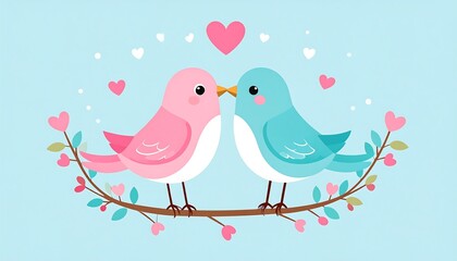 Cartoon illustration featuring two lovebirds kissing, perched on a branch surrounded by hearts. It conveys affection