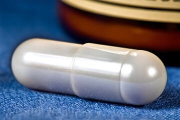 Medicine pills capsule spilling out of bottle on blue background