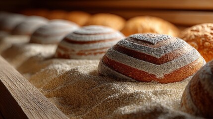 Close-up of artisan bread in a wooden display, showcasing intricate patterns and textures with light and shadow