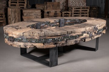 Round wood table top with tree leaves shadow drop on white wall background for mockup product display