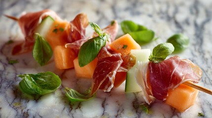 Close-up of skewers featuring cantaloupe, prosciutto, and cucumber bites garnished with fresh basil. Appetizing, vibrant, and elegant