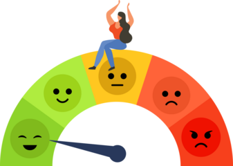 Emoji satisfaction meter, low stress and good mood indicator. Good Mentally healthy people, Professional productivity, motivation, enthusiasm vector illustration	
