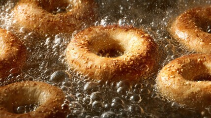 Golden sesame-seed bagels sizzling in a bubbling oil bath, close up with highlights and textures visible