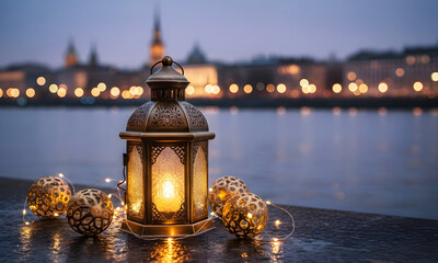 Festive Islamic holiday banner with a warm amber lantern glow contrasting a moody evening sky