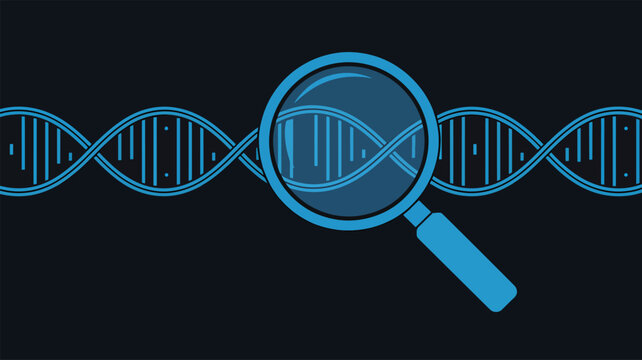 Blue D N A helix magnified by magnifying glass on dark background