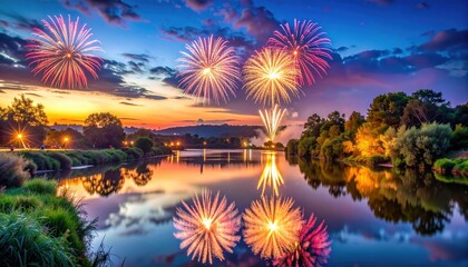 Colorful Fireworks Display Over Tranquil River at Dusk with Cloudy Sky and Reflections