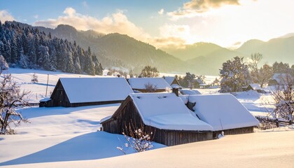 Winter Landscape with Snow Covered Farmhouses and Mountains at Sunrise in Tranquil Environment