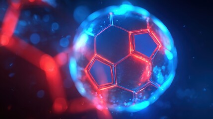 Fototapeta premium Futuristic digital soccer ball glowing with neon blue and red lights on dark bokeh background.