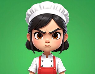 Cartoon character of an irate, short-haired chef. She wears a toque, chef's whites, and a red apron, with a green background