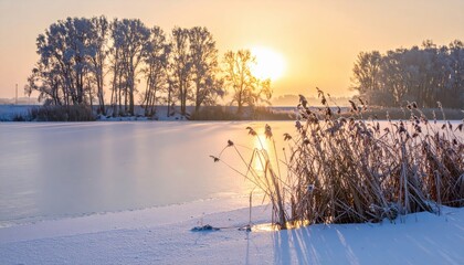Serene Winter Sunrise Over Frozen Lake Surrounded by Frosty Trees and Reeds at Dawn