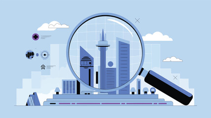 Magnifying glass over blue city skyline with icons