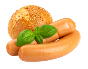 A close-up shot of two sausages, a seeded roll, and basil leaves on a transparent background, perfect for food-related projects