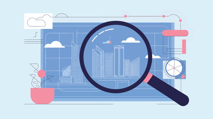 Magnifying glass over blueprint of city skyscrapers and clouds